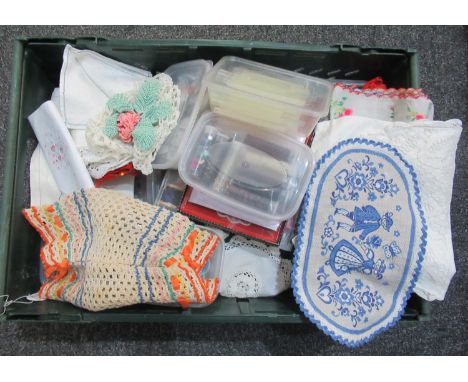 Box containing various vintage haberdashery items to include; beads, various colours of threads, scissors, embroidered handke