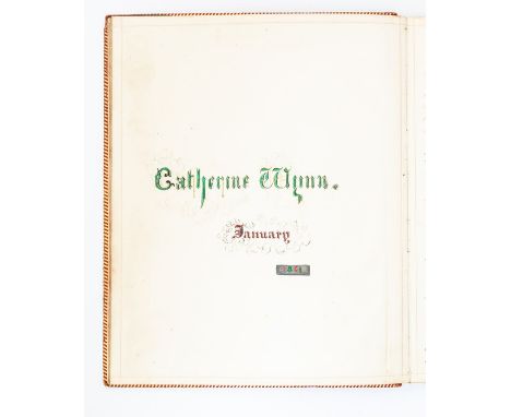 Manuscript book of riddles and puzzles, by Catherine Wynn, January 1861 (recorded in illuminated red &amp; green script to op