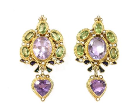 A pair of Italian gilt metal amethyst, peridot, split pearl and enamel earrings, by Percossi Papi, in Rennaisance Revival sty