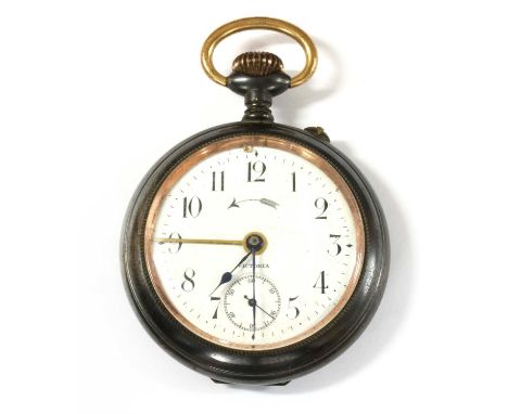 A gun metal open-faced pocket watch travel alarm clock, 57mm diameter, with white enamel dial marked Victoria, black Arabic n