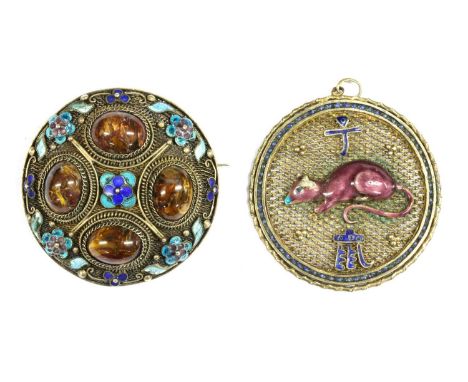 A Chinese silver gilt enamel 'Year of the Rat' zodiac pendant, the circular pendant with an applied rat in purple enamel to t