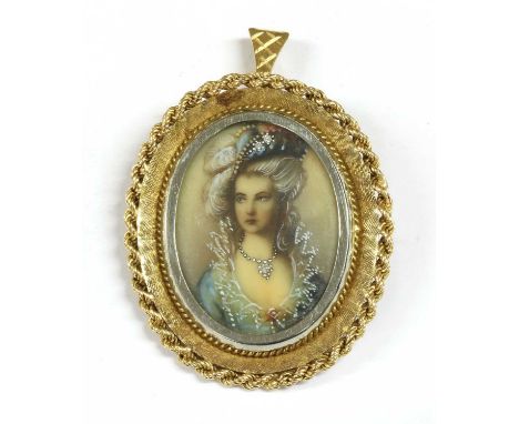 An 18ct gold diamond set portrait miniature brooch/pendant, the painted portrait of a lady set with eight cut diamonds, with 