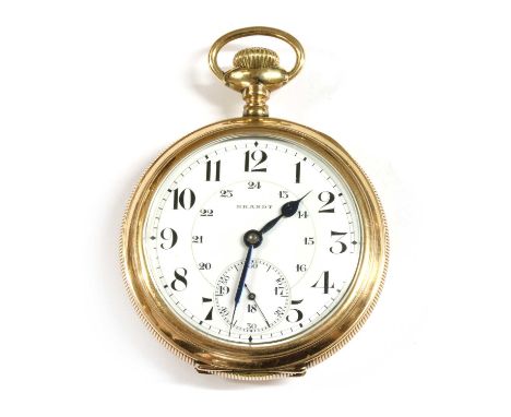 A gold filled Brandt top wind open-faced pocket watch, 55mm diameter with a white enamel dial, black Roman numerals, blued sp