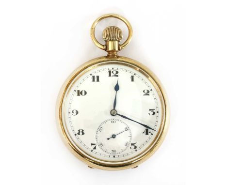 A 9ct gold Rotherham &amp; Sons top wind open-faced pocket watch, 50mm diameter, with a white enamel dial, black Arabic numer