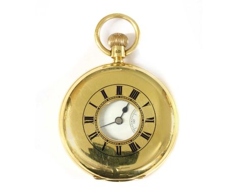 An 18ct gold side wind half hunter pocket watch, 51mm diameter, with blue enamel Roman numerals to the front cover, white ena