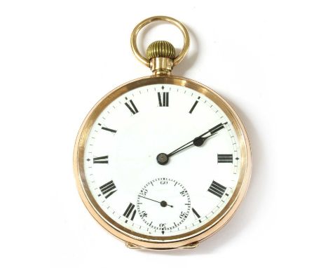 A 9ct gold top wind open-faced pocket watch, 47mm diameter, with a white enamel dial, black Roman numerals, blued spade hands