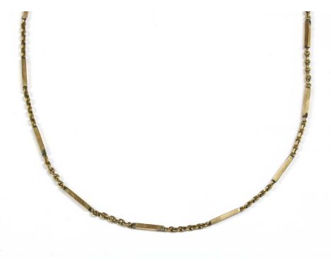 A gold bar and trace link necklace, with alternating square section bar links and lengths of filed trace chain, to gilt metal