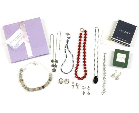 A collection of contemporary silver jewellery, to include a handmade silver and multi-gem necklace, possibly fluorite, by Cla