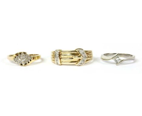 A 9ct gold diamond set buckle ring, Sheffield, together with a 9ct white gold single stone princess cut diamond ring, marked 