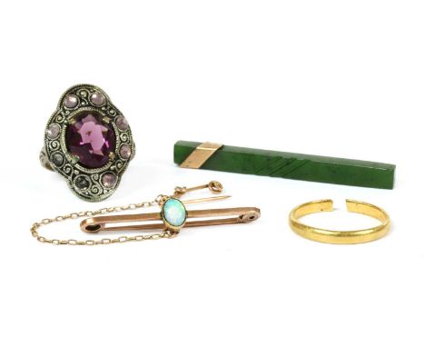 A 22ct gold D section wedding ring, split, Birmingham 1935, 2.80g, together with a gold opal bar brooch, tested as approximat