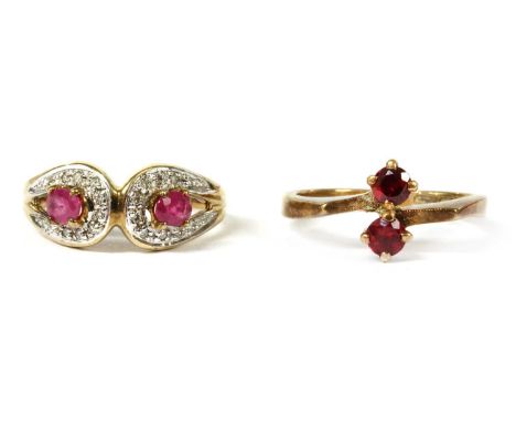 A 9ct gold ruby and diamond ring, Birmingham, together with a gold two stone synthetic ruby ring, tested as approximately 9ct
