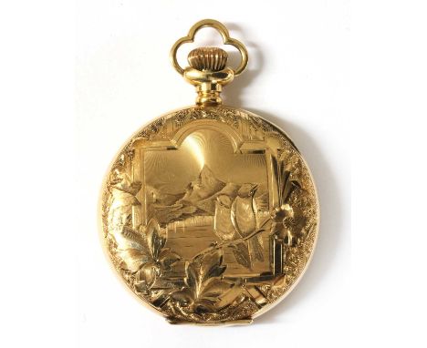 An American gold side wind hunter pocket watch, 41mm diameter, case engraved with mountain scene and birds, and cartouche eng