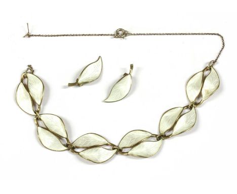 A Norwegian silver gilt and guilloché enamel leaf bracelet and earring suite, by David Andersen, designed by Willy Winnaess, 