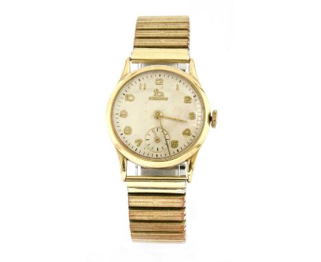 A gentlemen's 9ct gold Record mechanical bracelet watch, 32mm diameter, with a silvered dial, gilt Arabic numerals and subsid