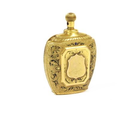 A gold scent bottle form fob watch case, with vacant cartouches and enamel scrolls, tested as approximately 18ct gold, German