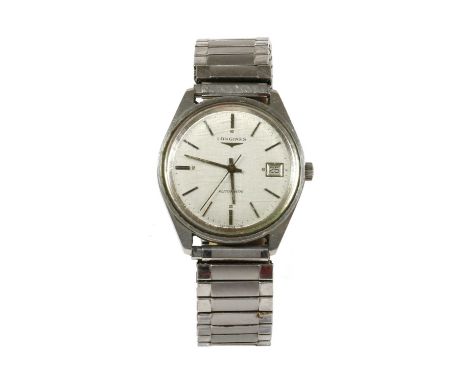 A gentlemen's stainless steel Longines automatic bracelet watch, c.1970, 31mm diameter, with silvered dial, baton hour marker
