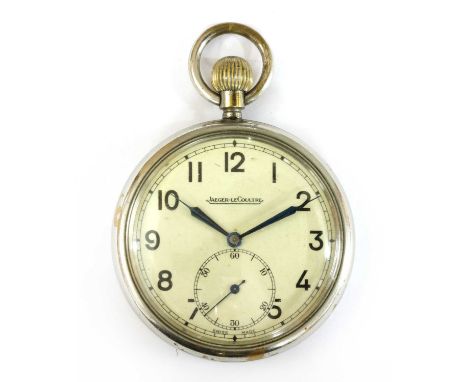 A Jaeger-LeCoultre military pocket watch, 51mm diameter with cream dial, possibly overpainted, black Arabic numerals, blued h