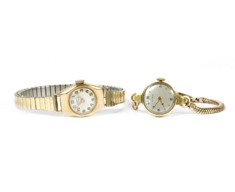 A ladies' gold Cyma mechanical bracelet watch, 17mm diameter with a silvered dial, dot markers and Arabic numerals at the qua