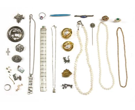 A quantity of jewellery, to include a Victorian silver brooch, a silver paste set brooch, a silver Chinese character brooch, 