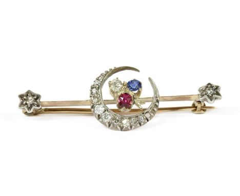 A gold and silver, diamond, ruby and sapphire crescent bar brooch, a diamond, ruby and sapphire claw set trefoil, to crescent
