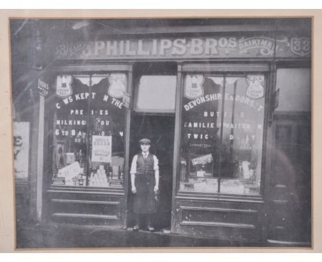 Antique Shop Front photograph - Vintage framed &amp; glazed 34x29cm showing Phillips Bros, Dairy selling Devon &amp; Dorset B