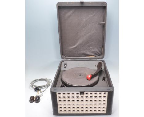 A vintage retro Deccalion portable record player being black leather cased. Labels to the inside no. 322183.
