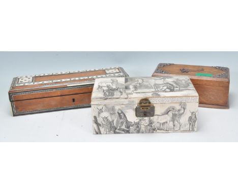 A mixed group of vintage boxes dating from the early 20th Century to include a jewellery box decorated with Eastern scenes an