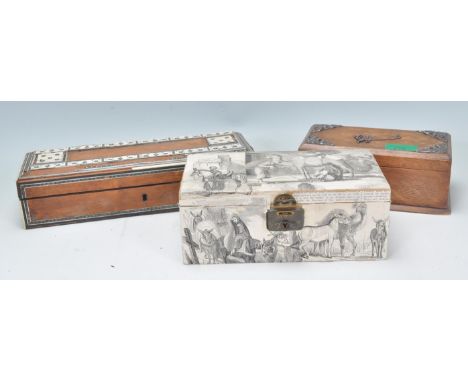 A mixed group of vintage boxes dating from the early 20th Century to include a jewellery box decorated with Eastern scenes an