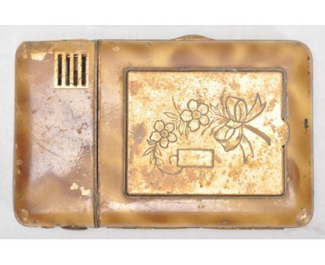 A vintage Newlight made vesta / cigarette case having a lighter atop with vesta compartment below with a hinged cover inset w