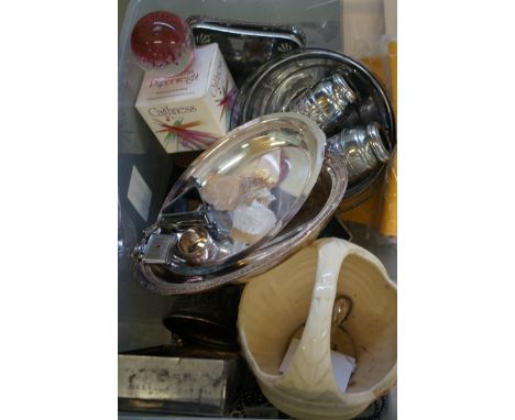 Unsorted mixed box to include a Caithness paper weight, silver plated items & others 