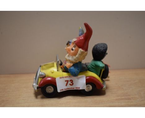 A 1960s Corgi Comics diecast 'Noddy's Car', in yellow/red with Noddy, Big Ears, and a grey faced Golly
&nbsp;
Notice from the