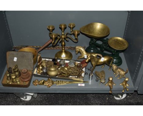 A set of green enamelled Ibrasco kitchen scales, measuring 23cm high, together with an assorted collection of brass and other