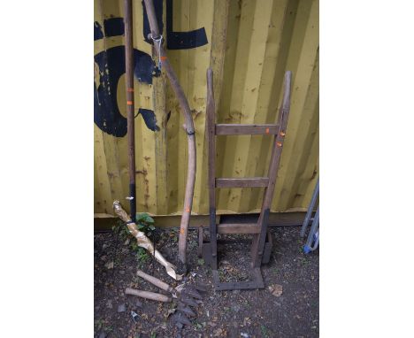 FOUR WOODEN GARDEN TOOLS, to include a sack truck, hay fork, scythe and a hedge cutter (4)