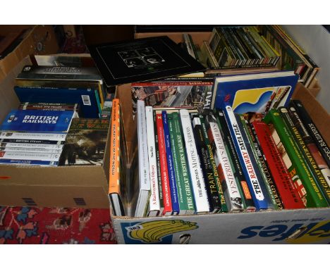 THREE BOXES AND LOOSE RAILWAY THEMED BOOKS, DVDS, AND VHS to include a large quantity of books relating to specific UK railwa
