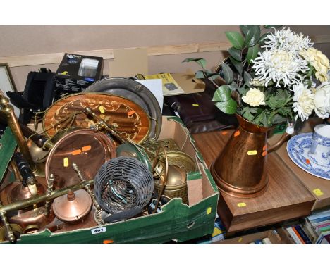 THREE BOXES AND LOOSE MISCELLANEOUS ITEMS, to include a box of mixed metals with copper bed pan, copper kettles, a copper jug