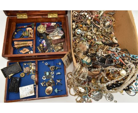 TWO BOXES OF ASSORTED COSTUME JEWELLERY, to include a wooden jewellery box with contents to include an AF silver sweetheart b