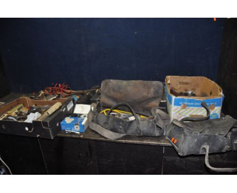 FOUR TRAYS AND TWO VINTAGE LEATHER TOOLBAGS CONTAINING TOOLS including boxed and new metal files (not full ), a Venture Hand 