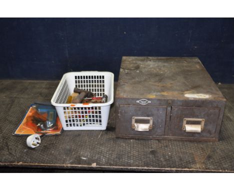 AN ART METAL VINTAGE INDEX DRAWER AND A BASKET CONTAINING TOOLS including spanners, hammers, a Draper hot glue gun (untested)