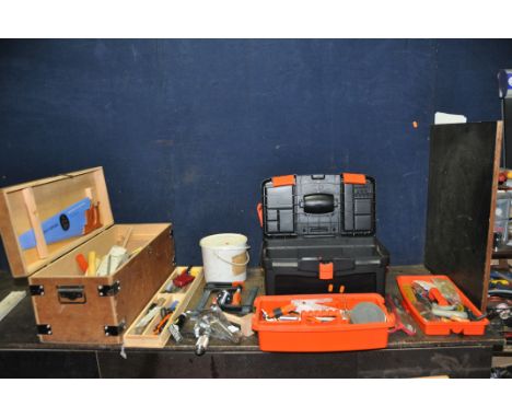 TWO TOOLBOXES AND A SAW TABLE CONTAINING TOOLS including Sandvik Quick clamps, a new Stanley brace, new screwdrivers, mortice