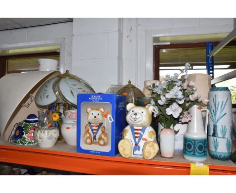 A QUANTITY OF VASES AND LAMPS, a ceramic standard lamp,  height 130cm, mid 20th century West German jug, a ceramic 'Sailor be