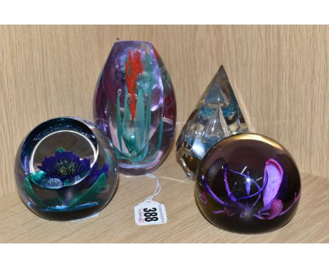FOUR CAITHNESS GLASS PAPERWEIGHTS, comprising limited editions 'Space Hibiscus' numbered 201/350, 'Pinpoint' 6/50, and 'Magen