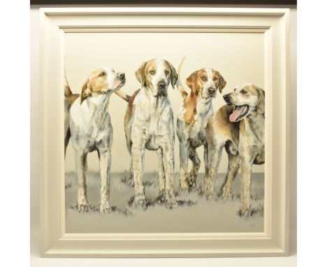 VICKY PALMER (BRITISH CONTEMPORARY) 'BERKELEYS DAYS LONG', a portrait of four dogs from the Berkeley Hunt, initialled bottom 