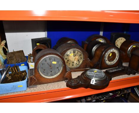 A GROUP OF MANTEL CLOCKS, AND PARTS, to include Barker &amp; Co Ltd Kensington Aneroid Barometer, (glass front is loose and b