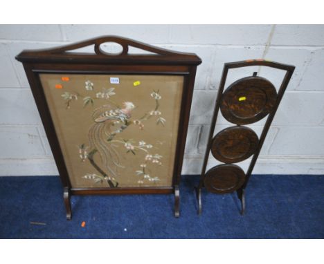 A 20TH CENTURY MAHOGANY FIRESCREEN, with a needlework insert, width 65cm x height 95cm, along with an oak three tier folding 