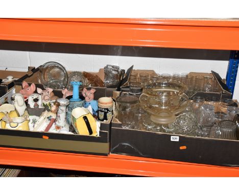 FIVE BOXES AND LOOSE MIXED CERAMIC AND GLASS WARE to include five Wade piggy banks, a decorative vase with griffins, three ce