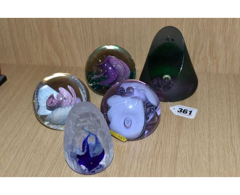 A COLLECTION OF FIVE LIMITED EDITION CAITHNESS GLASS PAPERWEIGHTS, comprising 'Snow trail', 'Vogue' 501/650, 'Gemini' 266/650