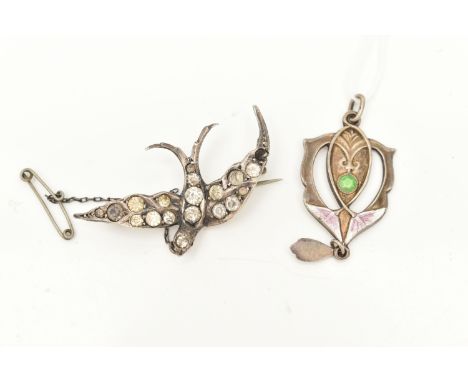 AN EARLY 20TH CENTURY PASTE SWALLOW BROOCH TOGETHER WITH A PENDANT, the brooch designed as a swallow set throughout with past