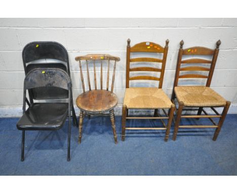 TWO 20TH CENTURY OAK LADDER BACK CHAIRS, with rush seats, a chair with a circular seat, along with a pair of Meco metal foldi