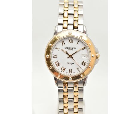 A 'RAYMOND WEIL' TANGO WRISTWATCH, quartz movement, round white dial, signed 'Raymond Weil' Geneve Tango, Roman numerals, dat