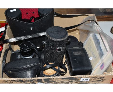 A BOX OF VINATGE ASAHI PENTAX CAMERA AND LENSES ETC to include an Asahi Pentax Spotmatic F camera, a Super Multi Coated Takum